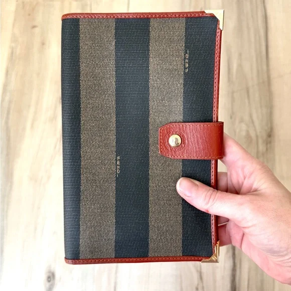 Authentic Vintage Fendi Pequin Pattern Pecan Leather-Trim Snap Wallet - Picture 1 of 6